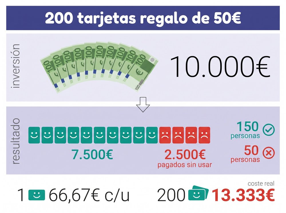 200 tarjetas regalo tradicionales de 50€: 2.500€ pagados sin usar