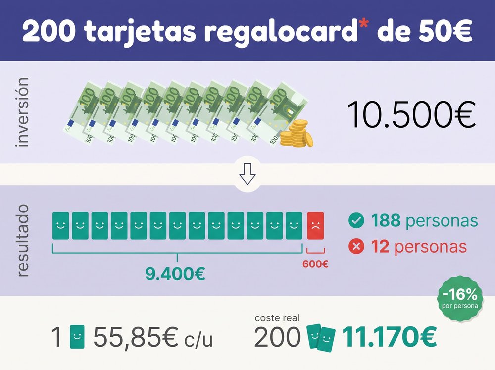 200 tarjetas regalocard de 50€: llegan a 188 personas, un 16% menos por persona